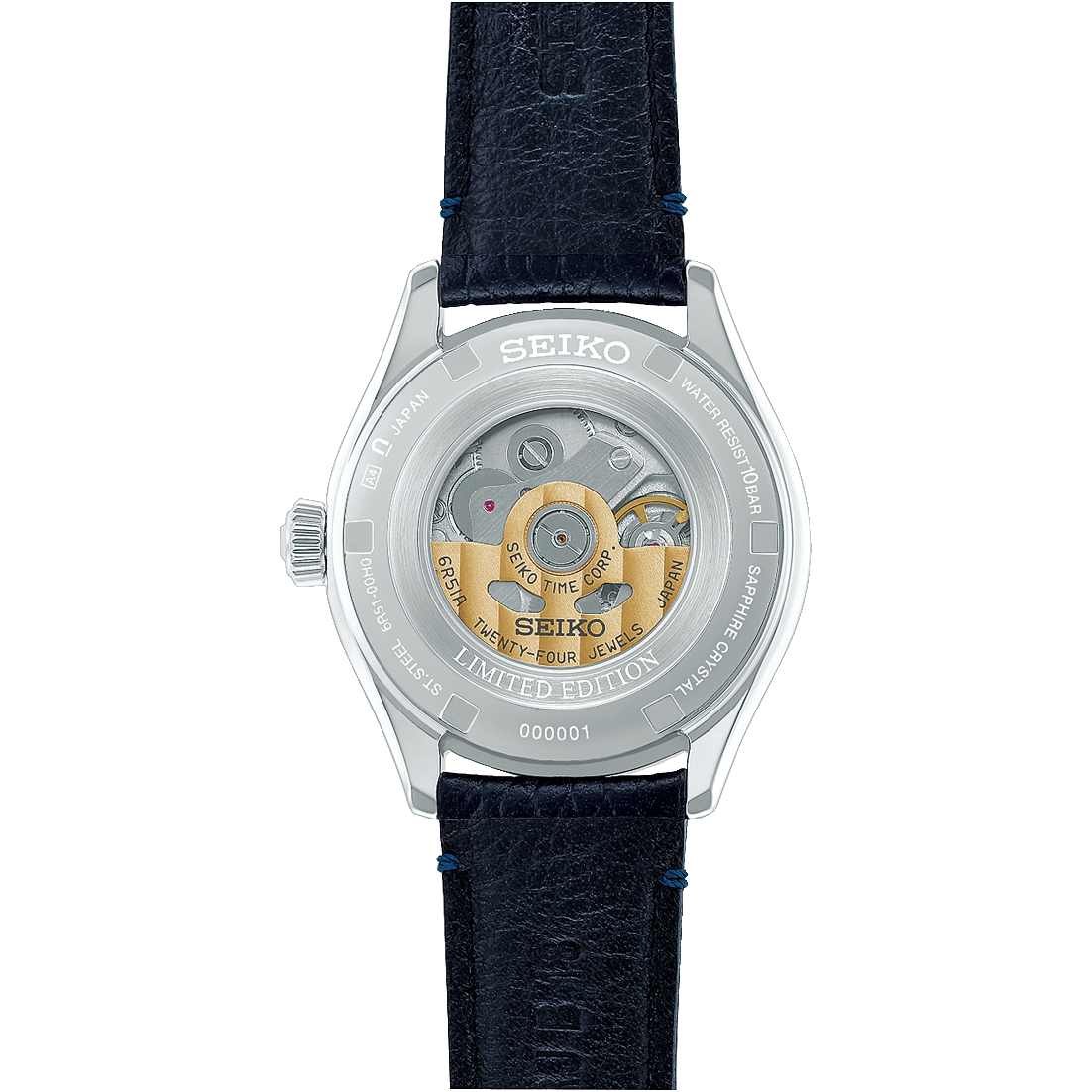 Back of Seiko watch with visible mechanical components on a white background