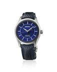 Seiko watch with blue dial and blue leather strap on a white background