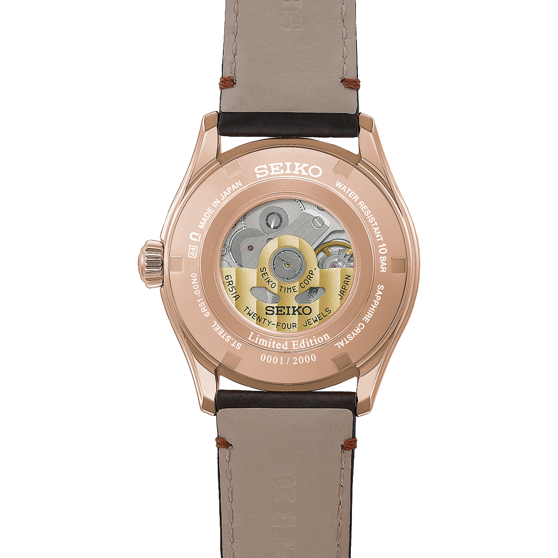 back of Seiko watch with rose gold tone case and beige leather strap on a white background