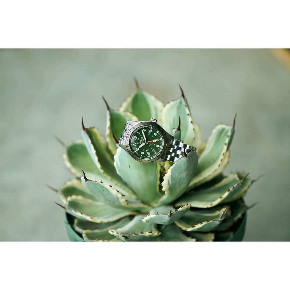 Green wristwatch on a succulent plant with a blurred background