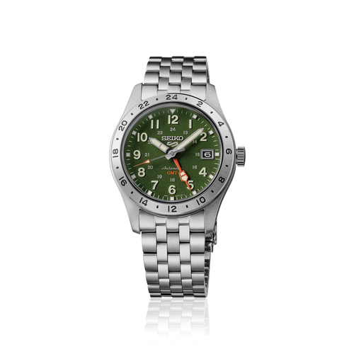 A Seiko stainless steel wristwatch with a green dial, silver bezel and link bracelet, featuring a 24-hour bezel and date window.