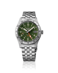 A Seiko stainless steel wristwatch with a green dial, silver bezel and link bracelet, featuring a 24-hour bezel and date window.