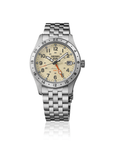 A Seiko wristwatch with a stainless steel link bracelet, featuring a cream-colored dial with black Arabic numerals, a rotating black bezel, and orange accent hands.