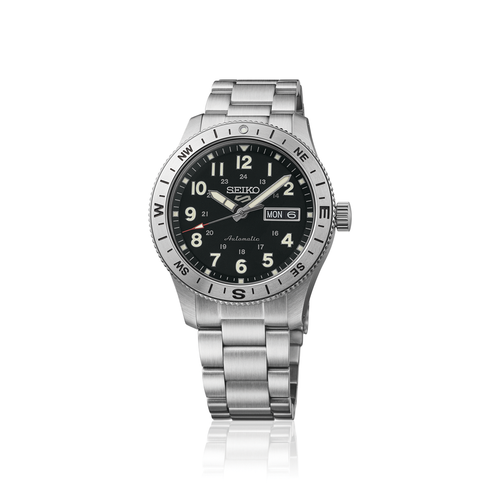 Seiko watch with black dial and silver metal bracelet on a white background