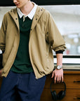 Person wearing a beige jacket over a green shirt with headphones on a wooden surface with white dial watch.