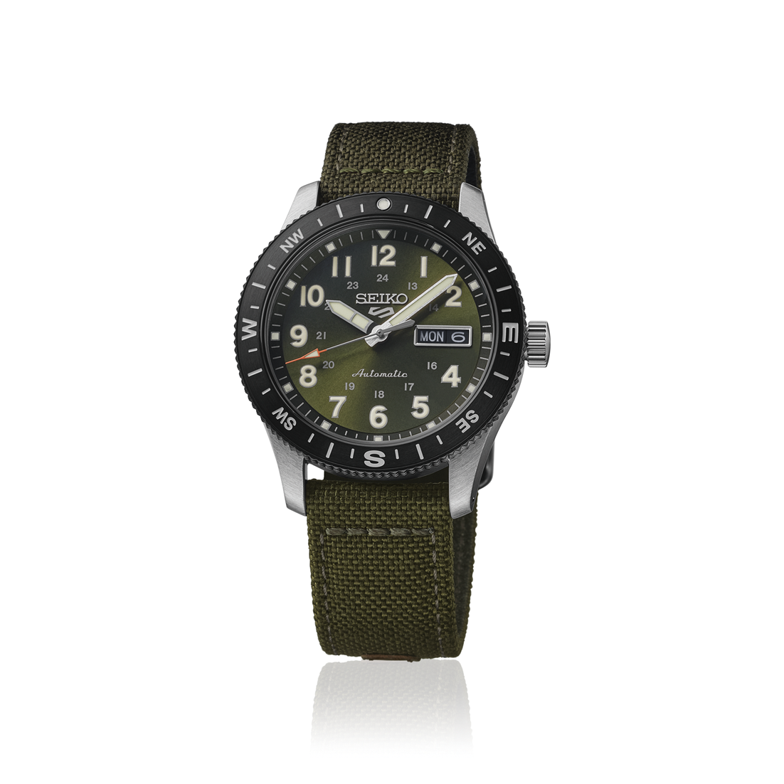 Seiko watch with green strap and black bezel on a white background