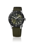 Seiko watch with green strap and black bezel on a white background