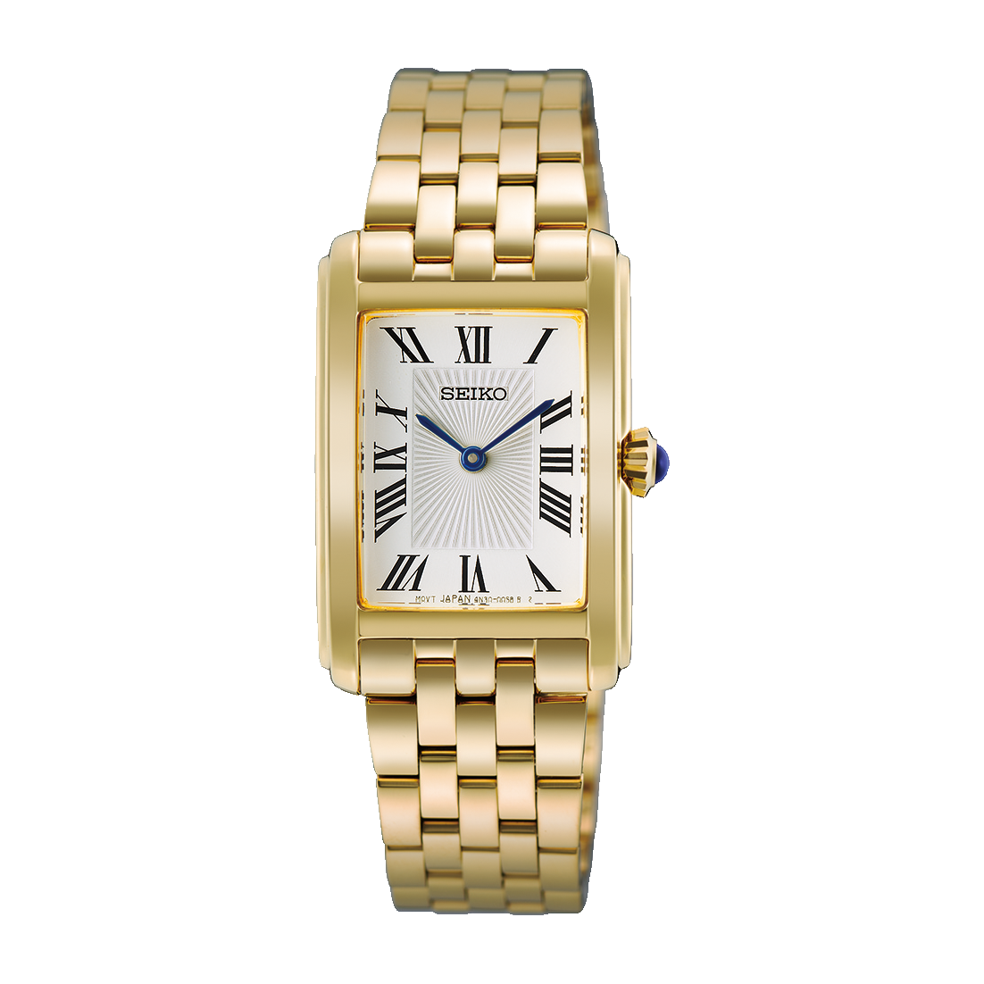 A Seiko women's watch featuring a gold-tone rectangular case, a white sunburst dial with black Roman numerals, and a matching gold-tone link bracelet.