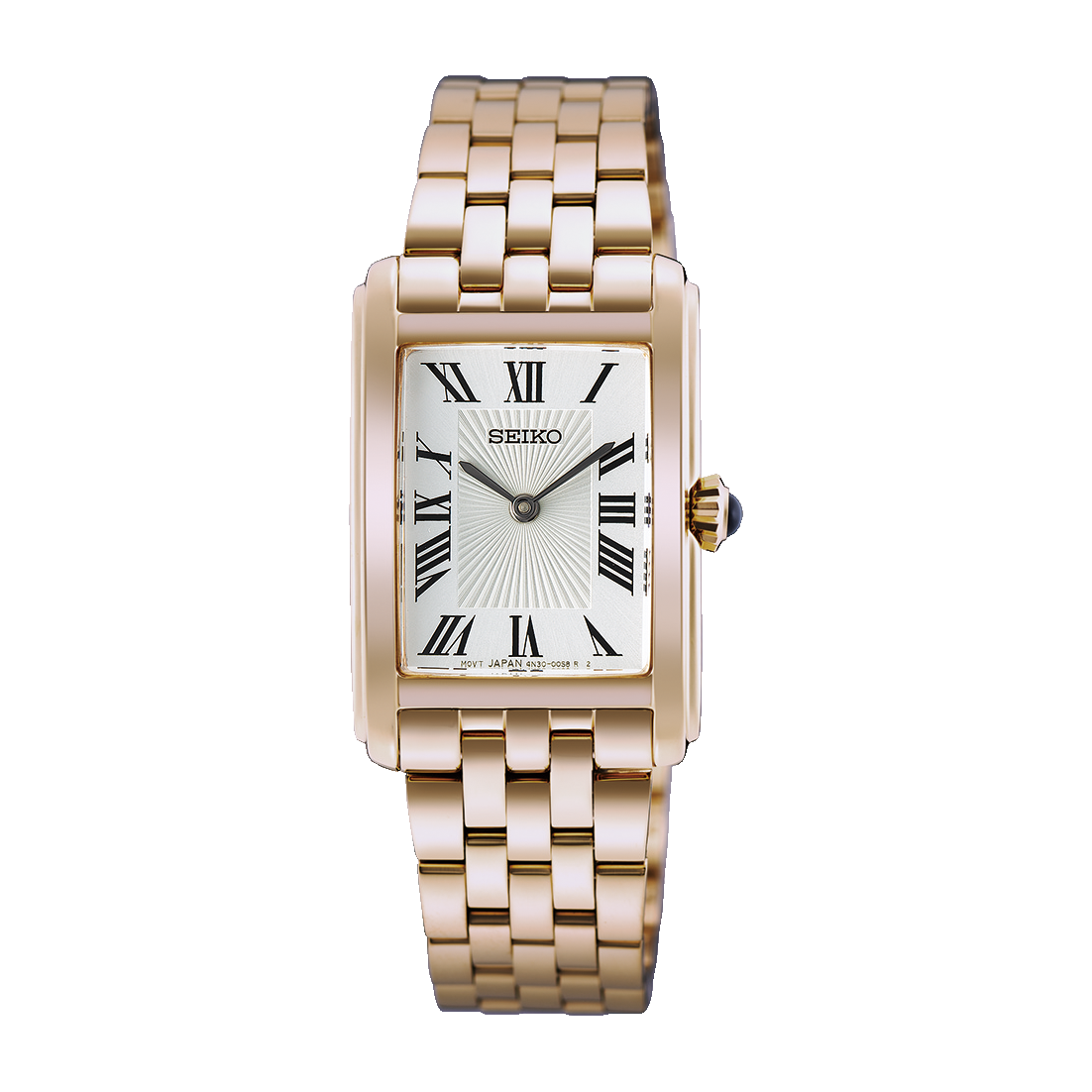 A Seiko women's watch with a rectangular rose gold-tone stainless steel case and a matching link bracelet, featuring a white sunburst dial with black Roman numerals.