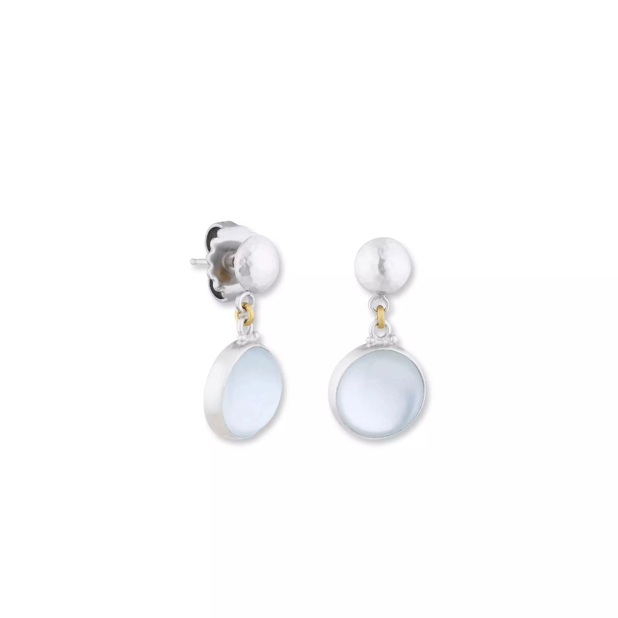 A pair of Lika Behar "Karnak" drop earrings featuring iridescent blue topaz and mother of pearl doublets bezel-set in 24K yellow gold, suspended from matte sterling silver button tops.
