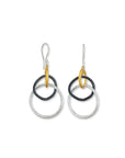 A pair of Lika Behar "Kelly" triple drop earrings featuring three interlocking, hand-hammered graduating circles in pure 24K yellow gold, dark oxidized silver, and matte sterling silver on silver earwires.
