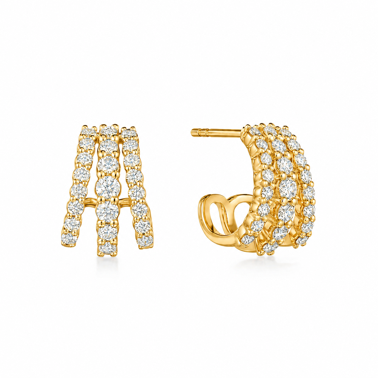 Yellow gold earrings with three rows of diamonds