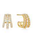 Yellow gold earrings with three rows of diamonds