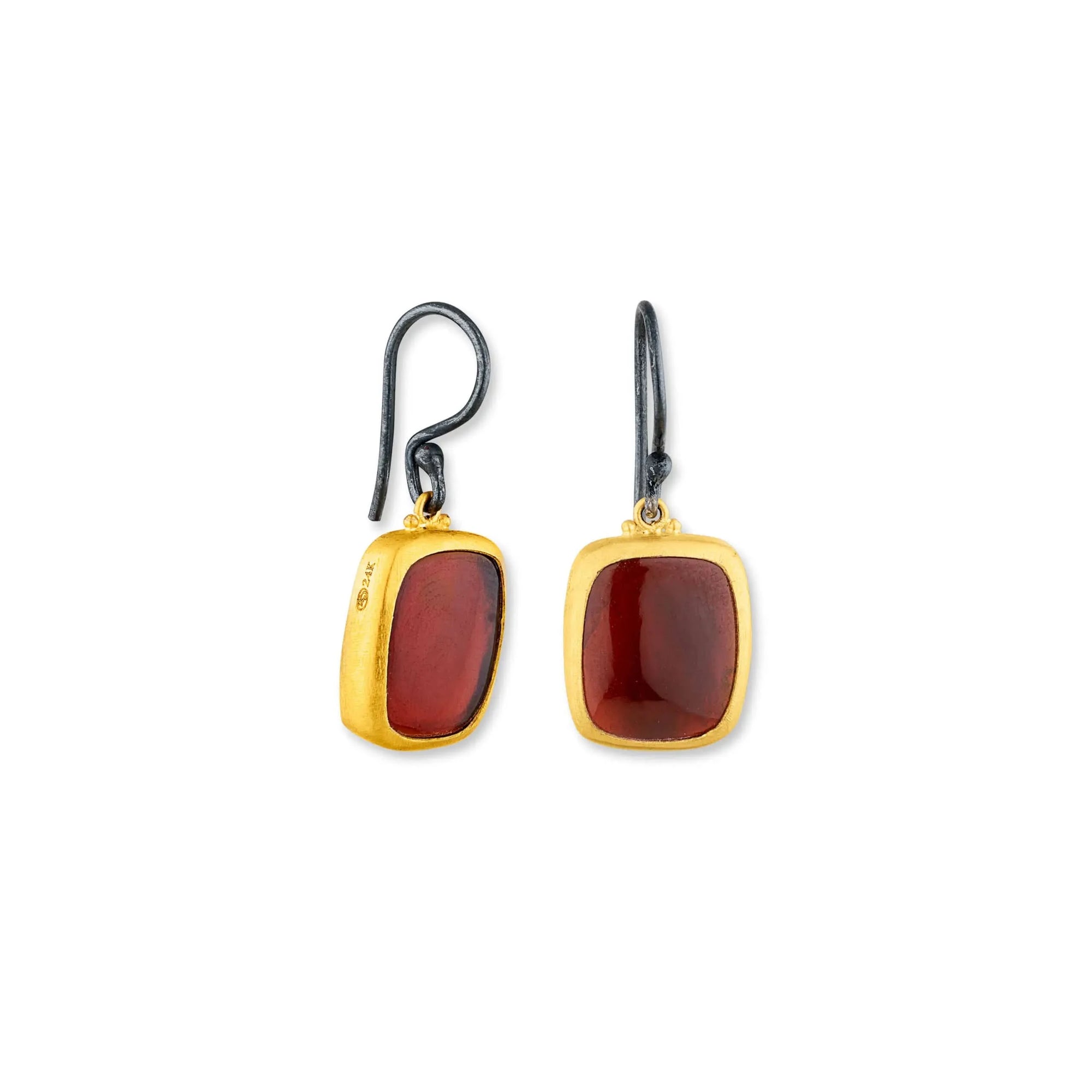 A pair of handcrafted Lika Behar Custom Mara drop earrings, showcasing round cabochon gemstone doublets bezel-set in rich 24k yellow gold, hanging from oxidized sterling silver earwires on a white background.