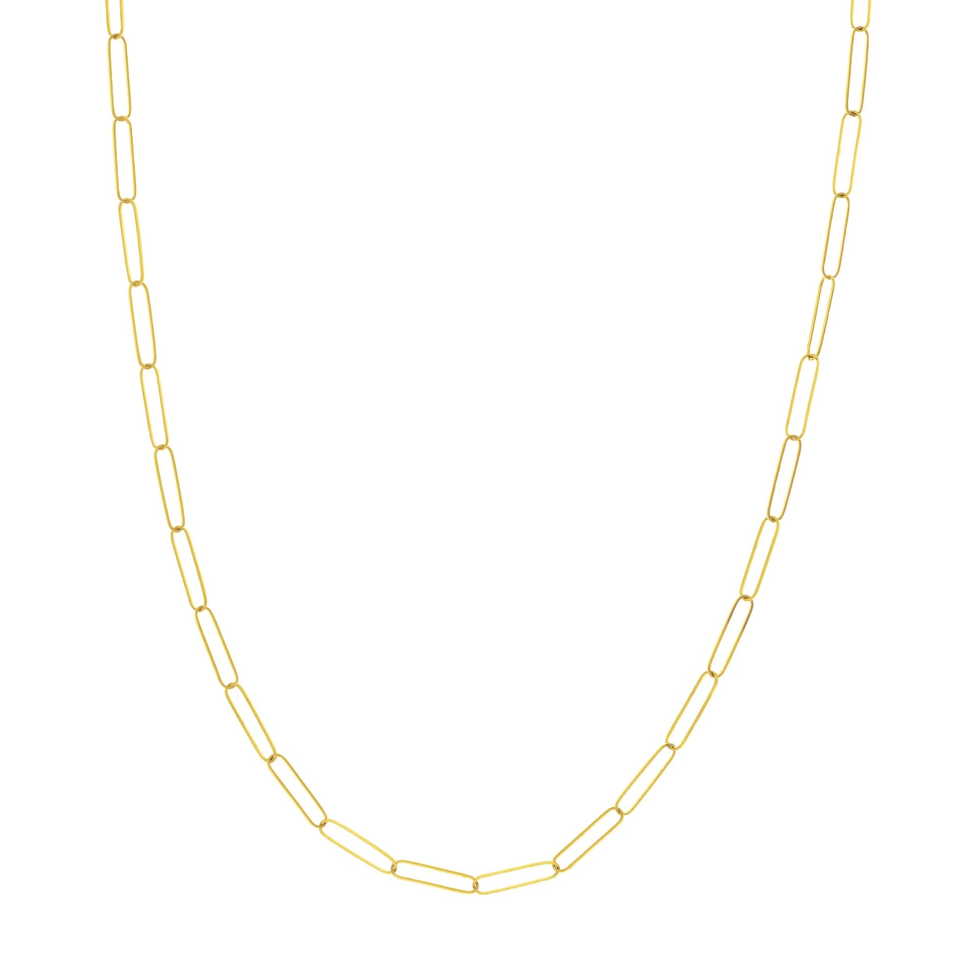 An 18-inch 14K yellow gold paper clip chain necklace, measuring 3.6mm wide with a pear-shaped lobster clasp.