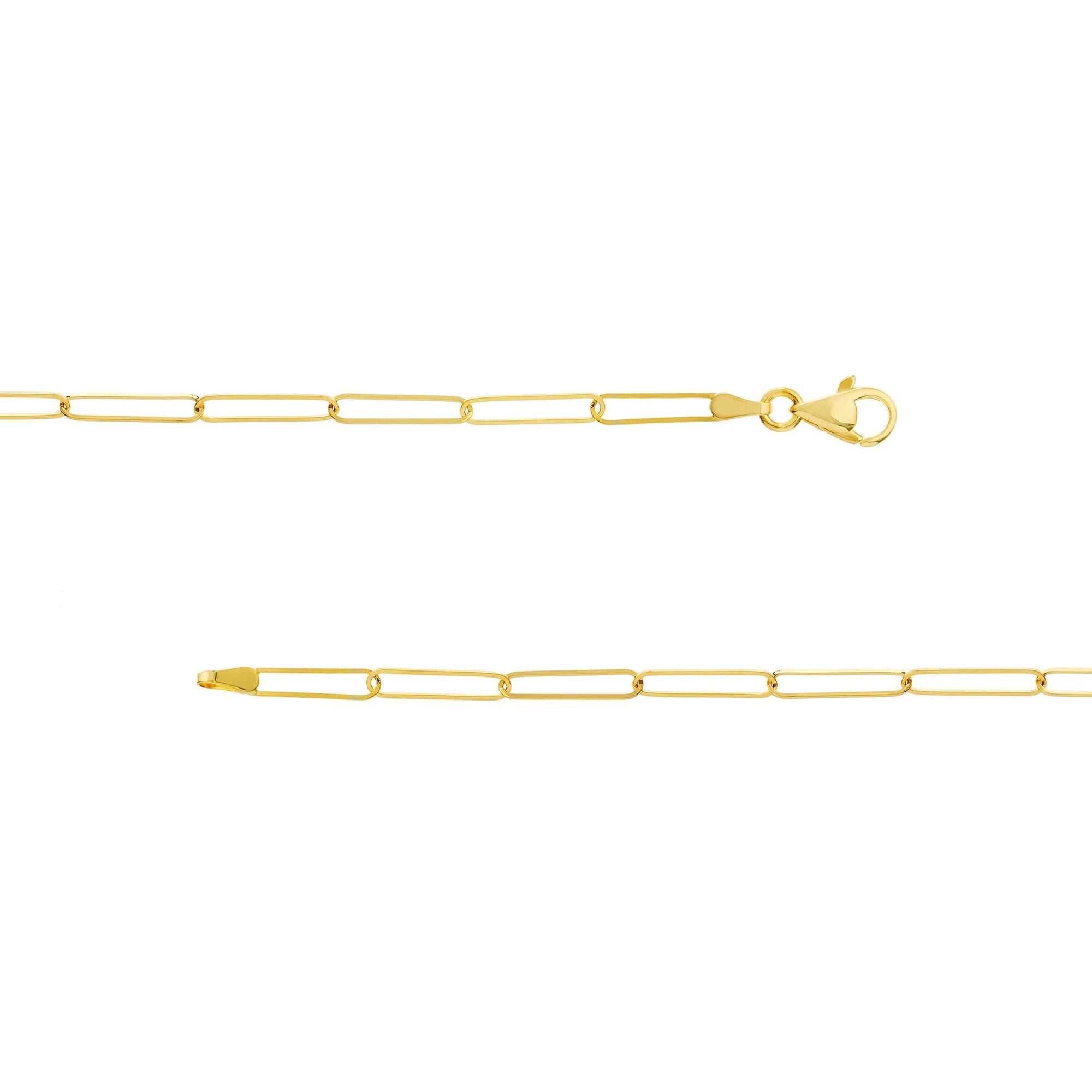 close up of gold chain and a clasp on a white background 