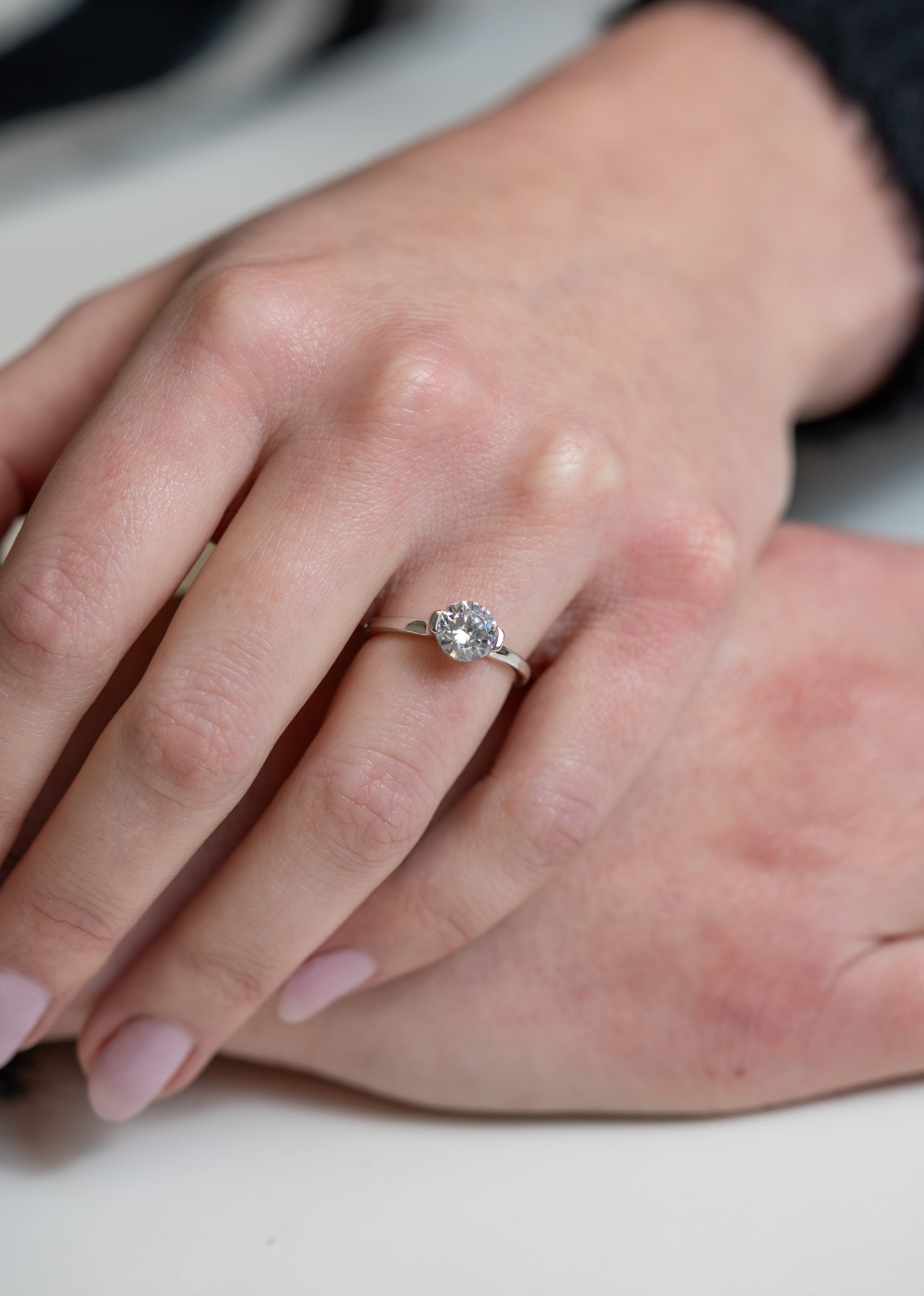 MaeVona Bar-Bezel Solitaire Engagement Ring - modeled