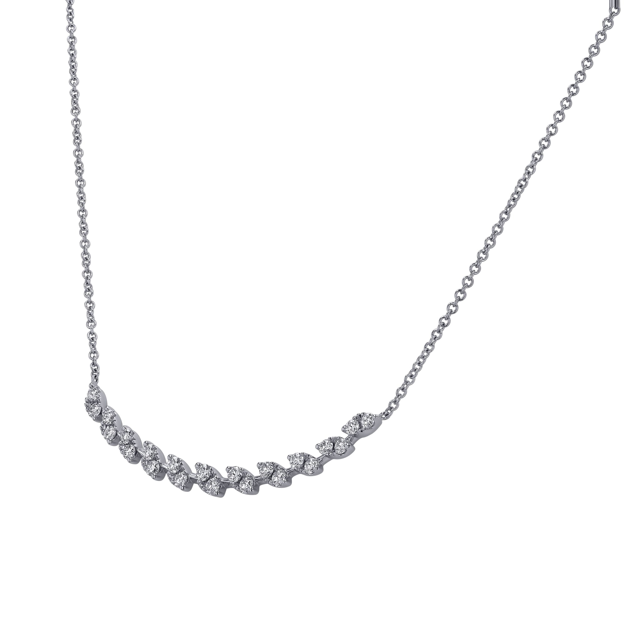 white gold necklace with small diamonds on a white background angled view