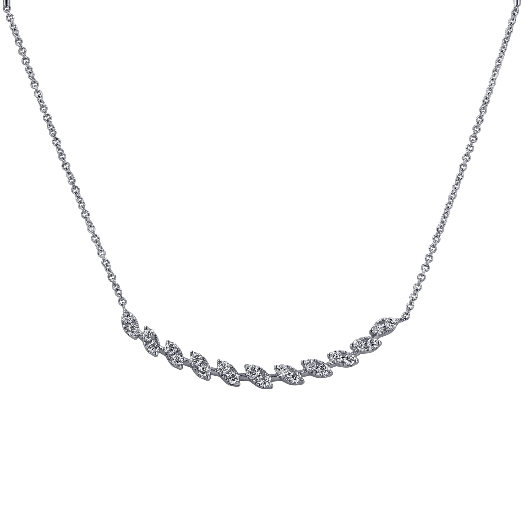 white gold curved necklace with small diamonds on a white background