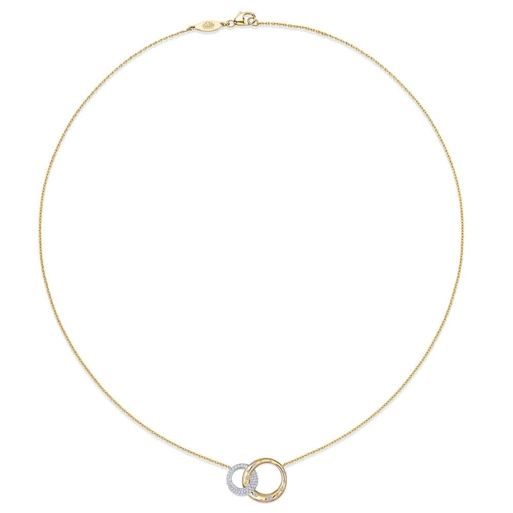 Gold necklace with two interlocking rings showing the full 16 inch chain on a white background 