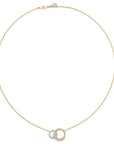 Gold necklace with two interlocking rings showing the full 16 inch chain on a white background 
