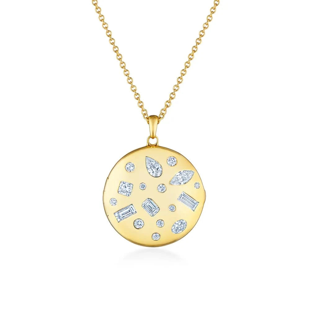 yellow pendant with mixed shaped diamonds on a chain with a white background