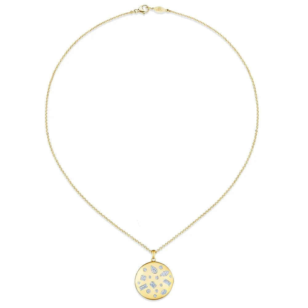 yellow necklace with embedded stones of different shapes on a white background