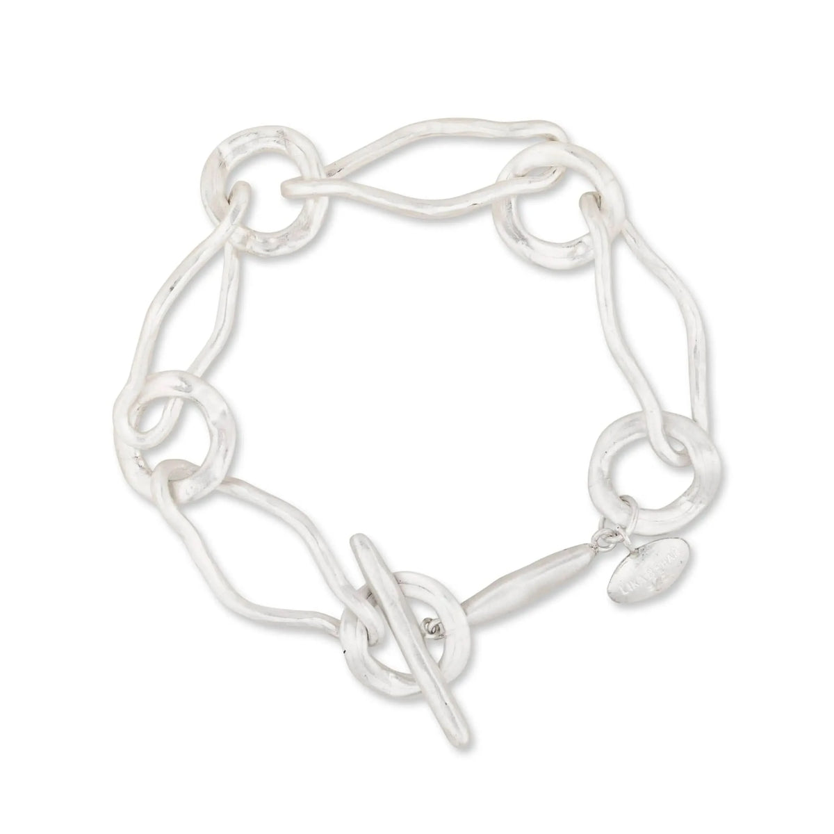 A silver chain bracelet with a toggle clasp, shown on a plain white background.