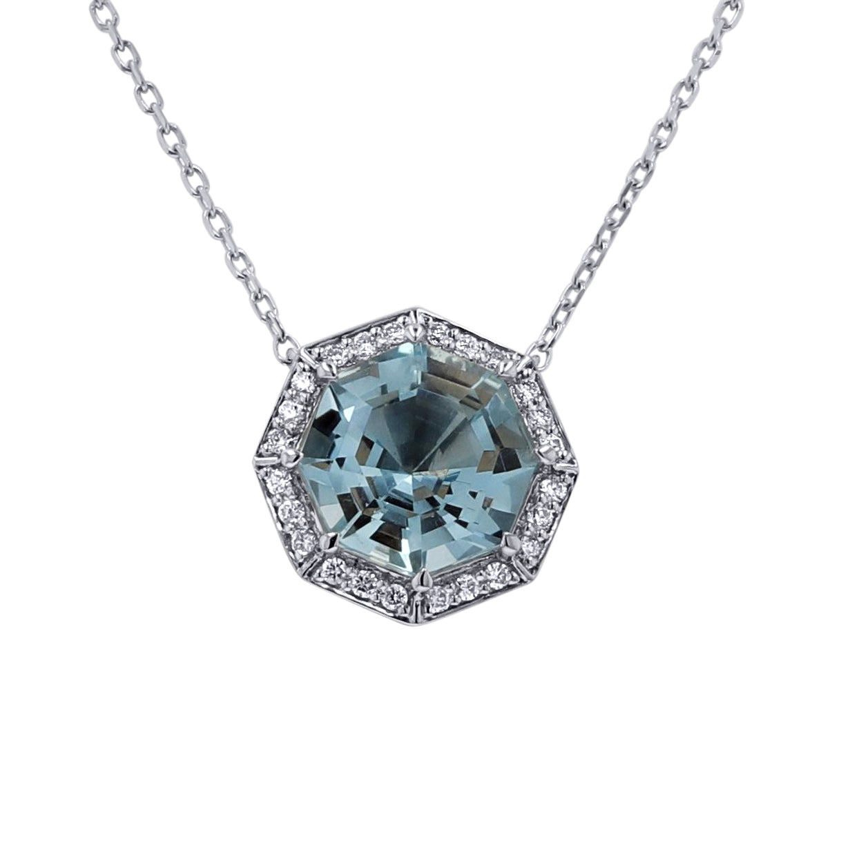 Octagon-Cut Aquamarine and Diamond Halo Pendant Necklace - Skeie's Jewelers