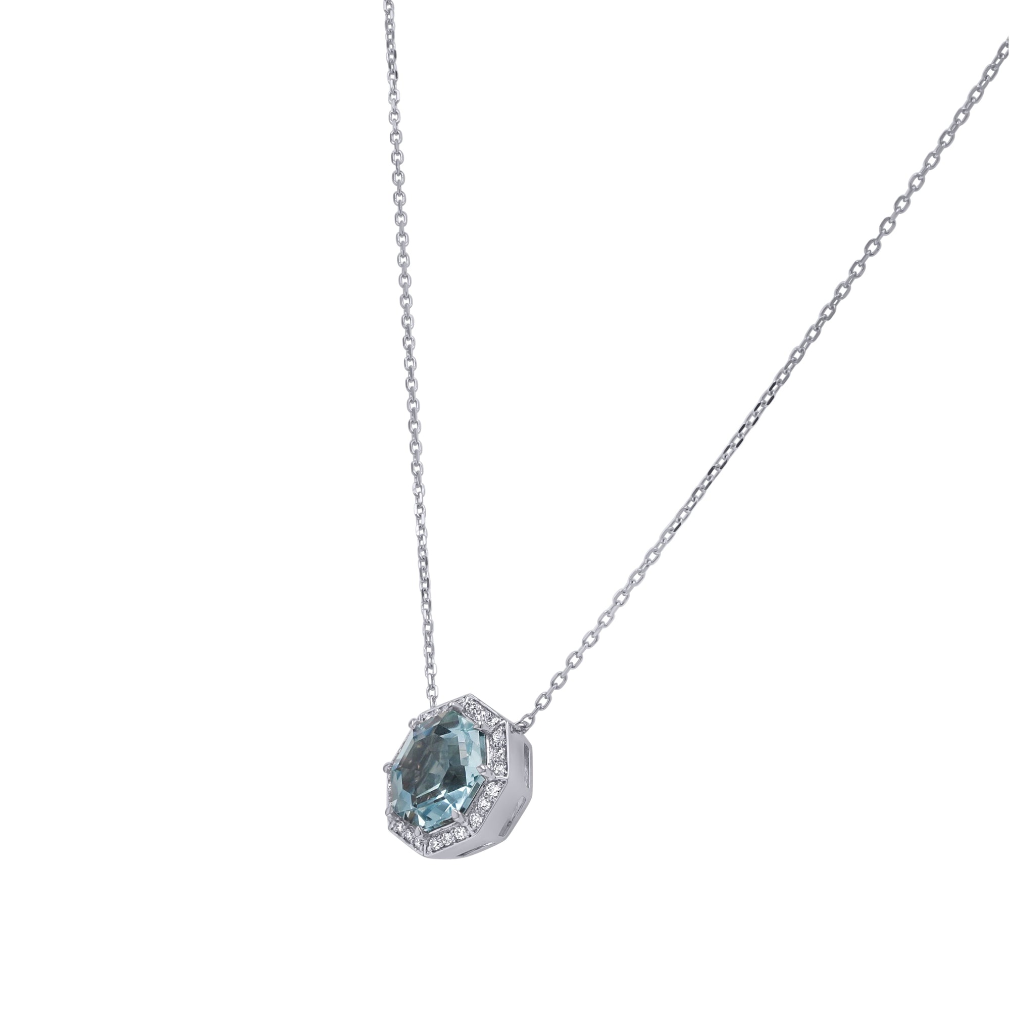 Octagon-Cut Aquamarine and Diamond Halo Pendant Necklace - Skeie's Jewelers