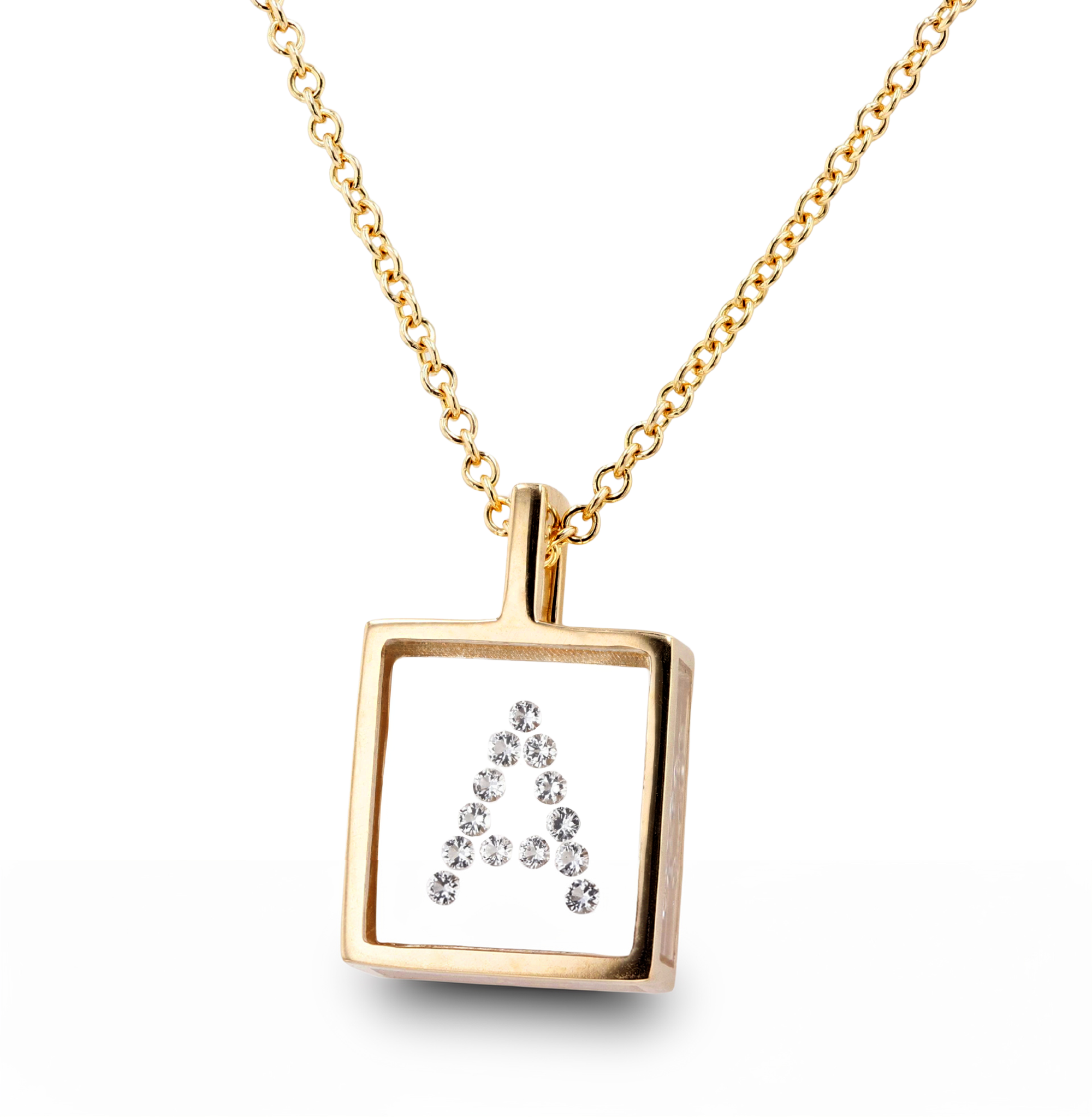 A gold initial necklace featuring a square pendant with the letter 'A' spelled out in diamonds, displayed on a clean white background.