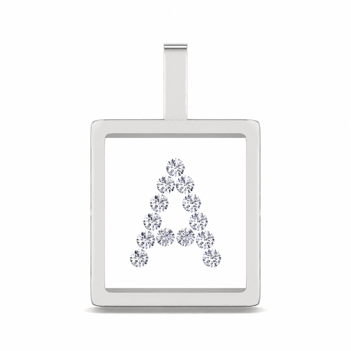 A square silver pendant with a bail at the top, featuring a large capital letter 'A' formed by small sparkling gemstones on a white background.