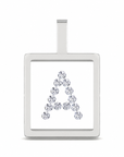 A square silver pendant with a bail at the top, featuring a large capital letter 'A' formed by small sparkling gemstones on a white background.