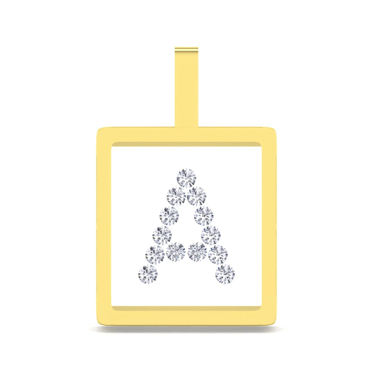A square pendant with a yellow gold border and a top loop, featuring a white center set with a cluster of clear gemstones arranged to form the letter 'A'.