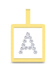 A square pendant with a yellow gold border and a top loop, featuring a white center set with a cluster of clear gemstones arranged to form the letter 'A'.