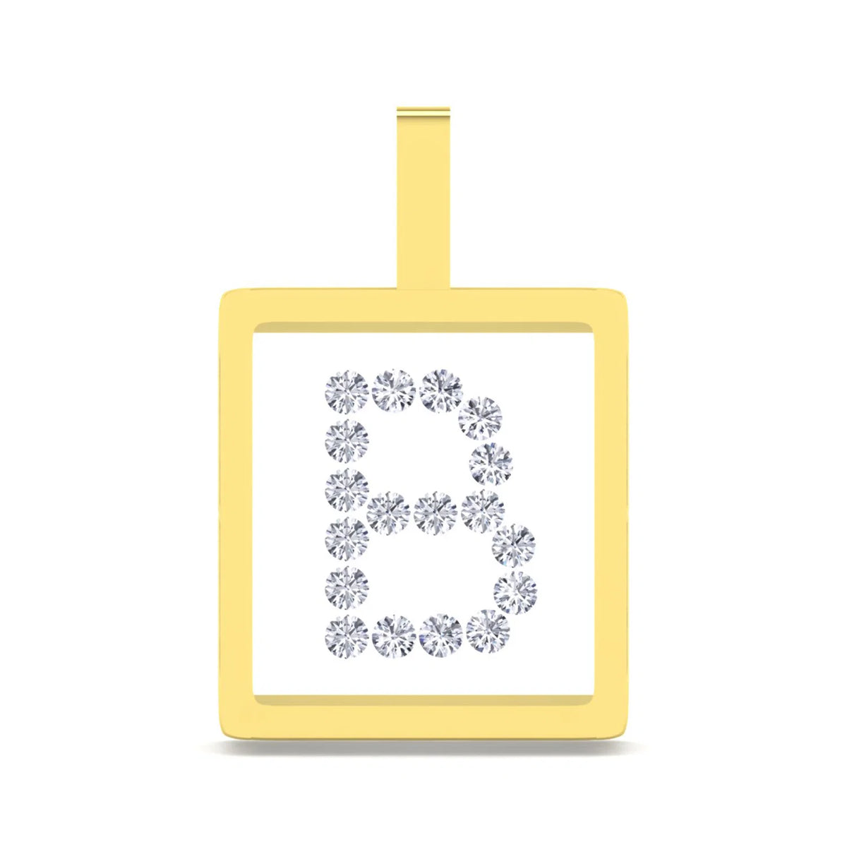 A square yellow gold initial pendant featuring the letter 'B' set with clear round-cut gemstones on a white background, complete with a top loop for a chain.