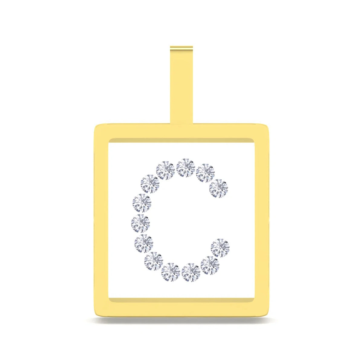 A square yellow gold pendant with a top loop, featuring a white center set with a circular arrangement of small clear gemstones that form the letter 'C'.