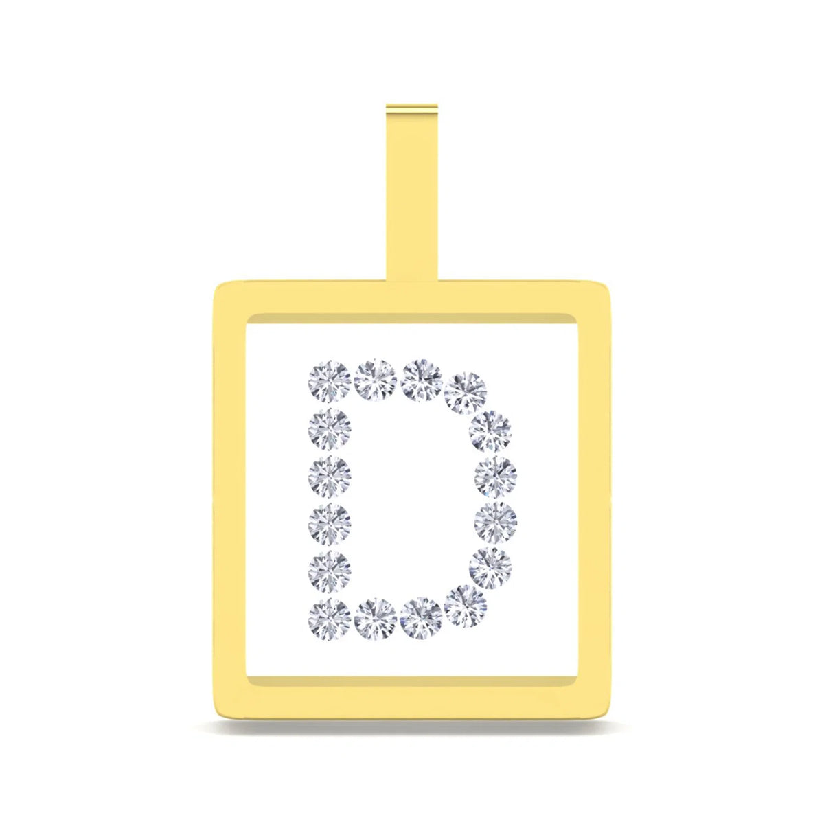 A yellow gold square pendant with a top loop, featuring a white center decorated with a border of small round clear gemstones arranged to spell the letter 'D'.