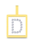A yellow gold square pendant with a top loop, featuring a white center decorated with a border of small round clear gemstones arranged to spell the letter 'D'.