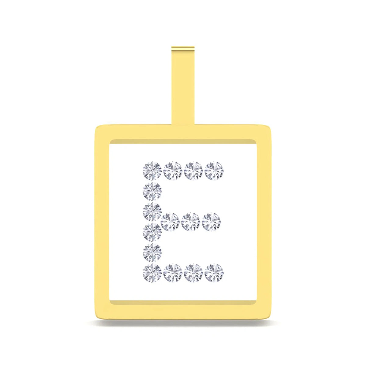 A square pendant with a gold border and a top loop, featuring the letter 'E' outlined with small clear gemstones on a white background.