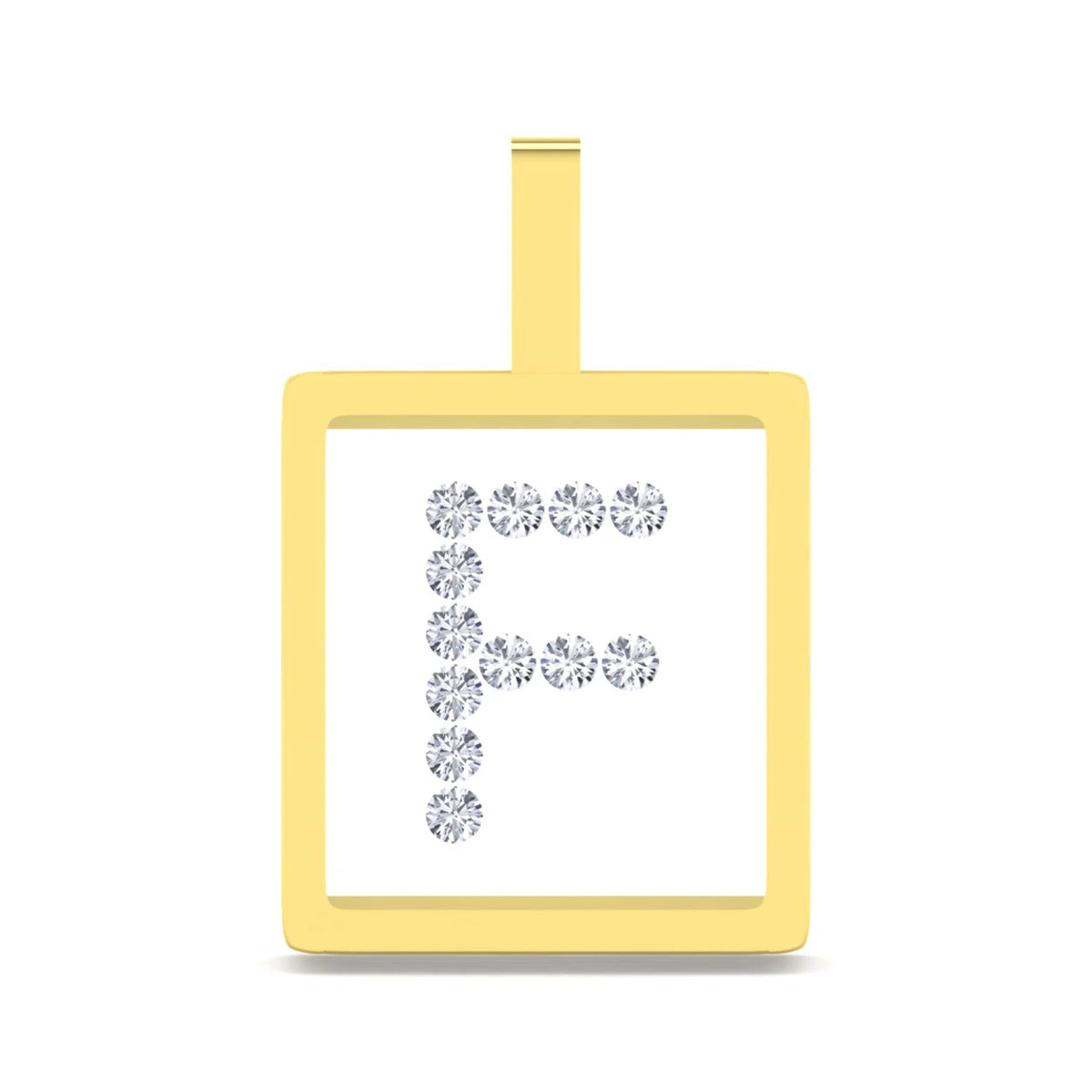 A square pendant with a gold border and a top loop, featuring a white center set with a letter 'F' made of small clear stones, shown on a plain white background.