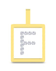 A square pendant with a gold border and a top loop, featuring a white center set with a letter 'F' made of small clear stones, shown on a plain white background.