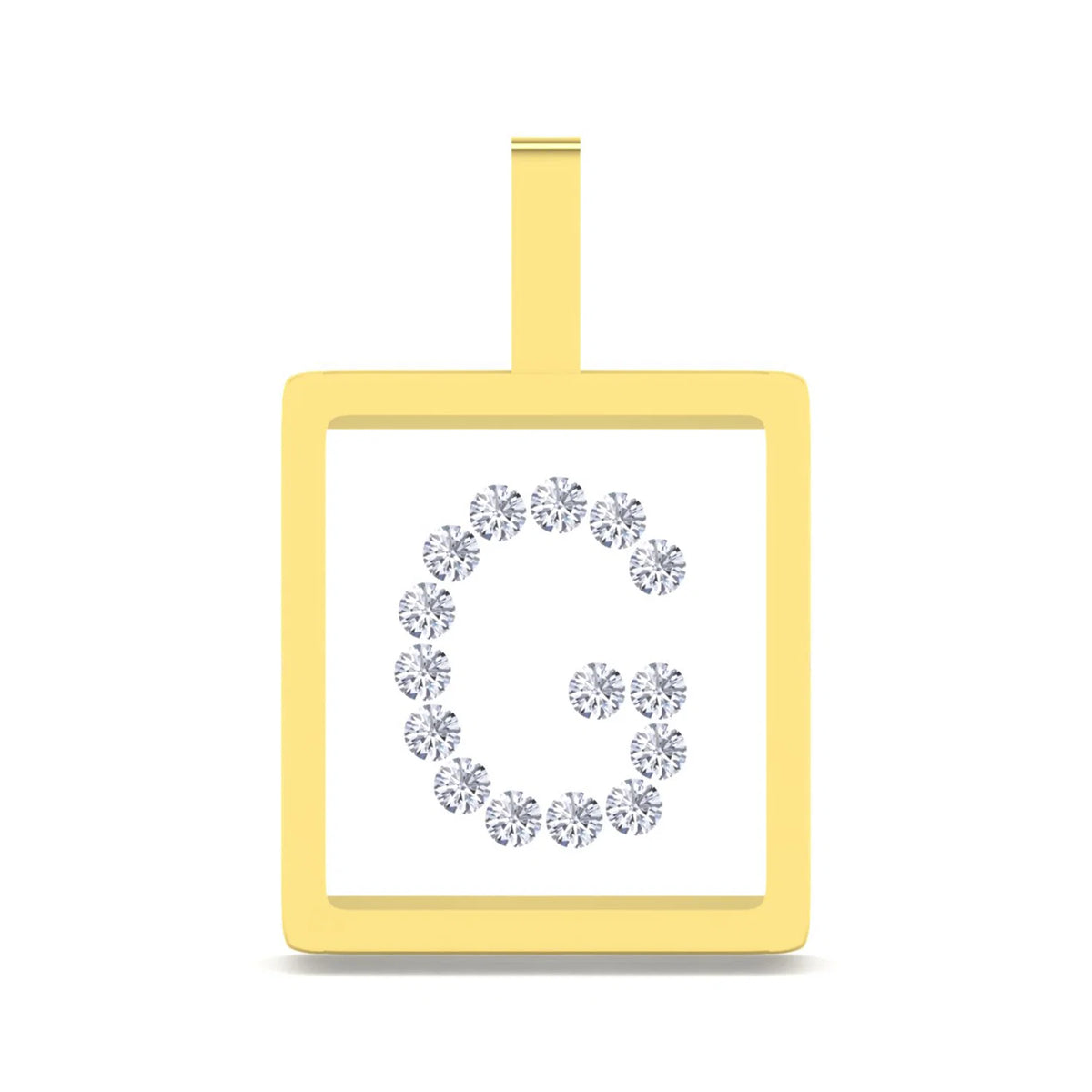 A square pendant with a yellow border and a white center, featuring a circular arrangement of small clear gemstones in the shape of a G. The pendant has a top loop and is shown on a plain white background.