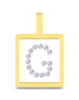 A square pendant with a yellow border and a white center, featuring a circular arrangement of small clear gemstones in the shape of a G. The pendant has a top loop and is shown on a plain white background.