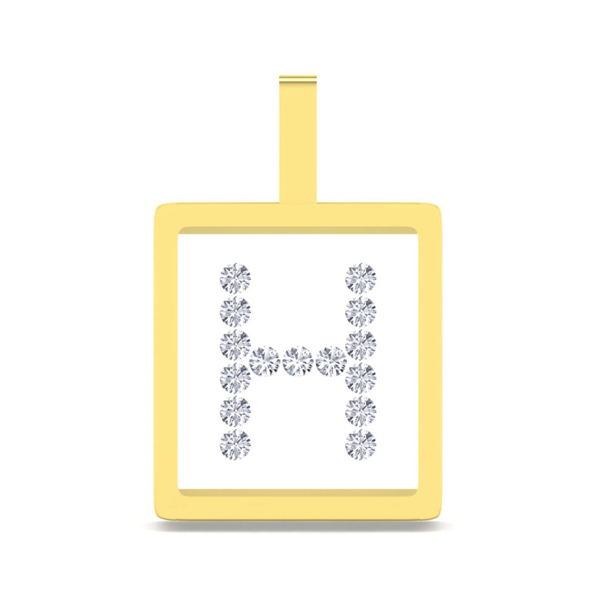 A square pendant with a yellow gold border and a top loop, featuring the letter 'H' formed by small clear gemstones on a white center panel, shown on a plain white background.