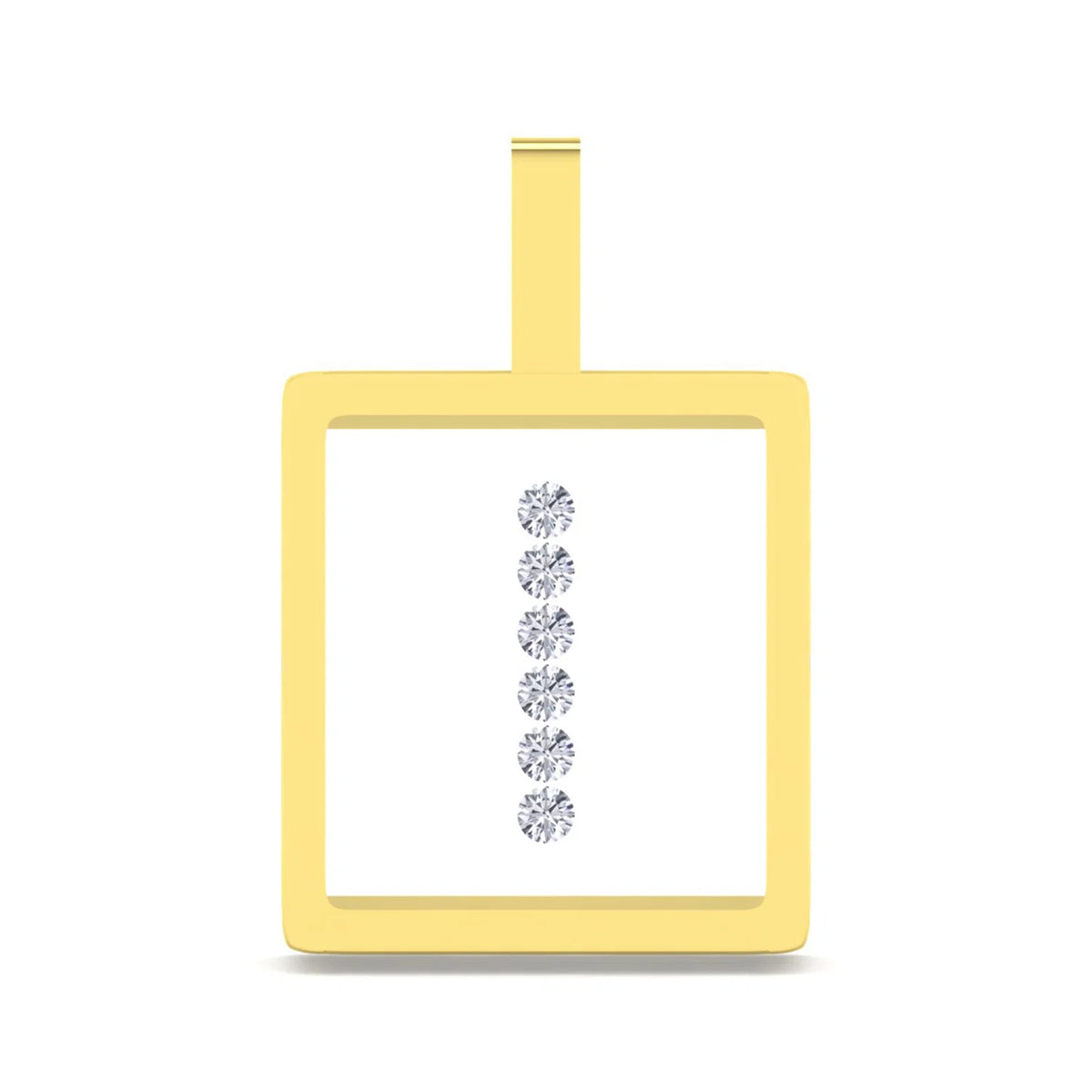 A square pendant with a yellow gold border and a top loop, featuring the letter 'I' formed by small clear gemstones on a white center panel, shown on a plain white background.