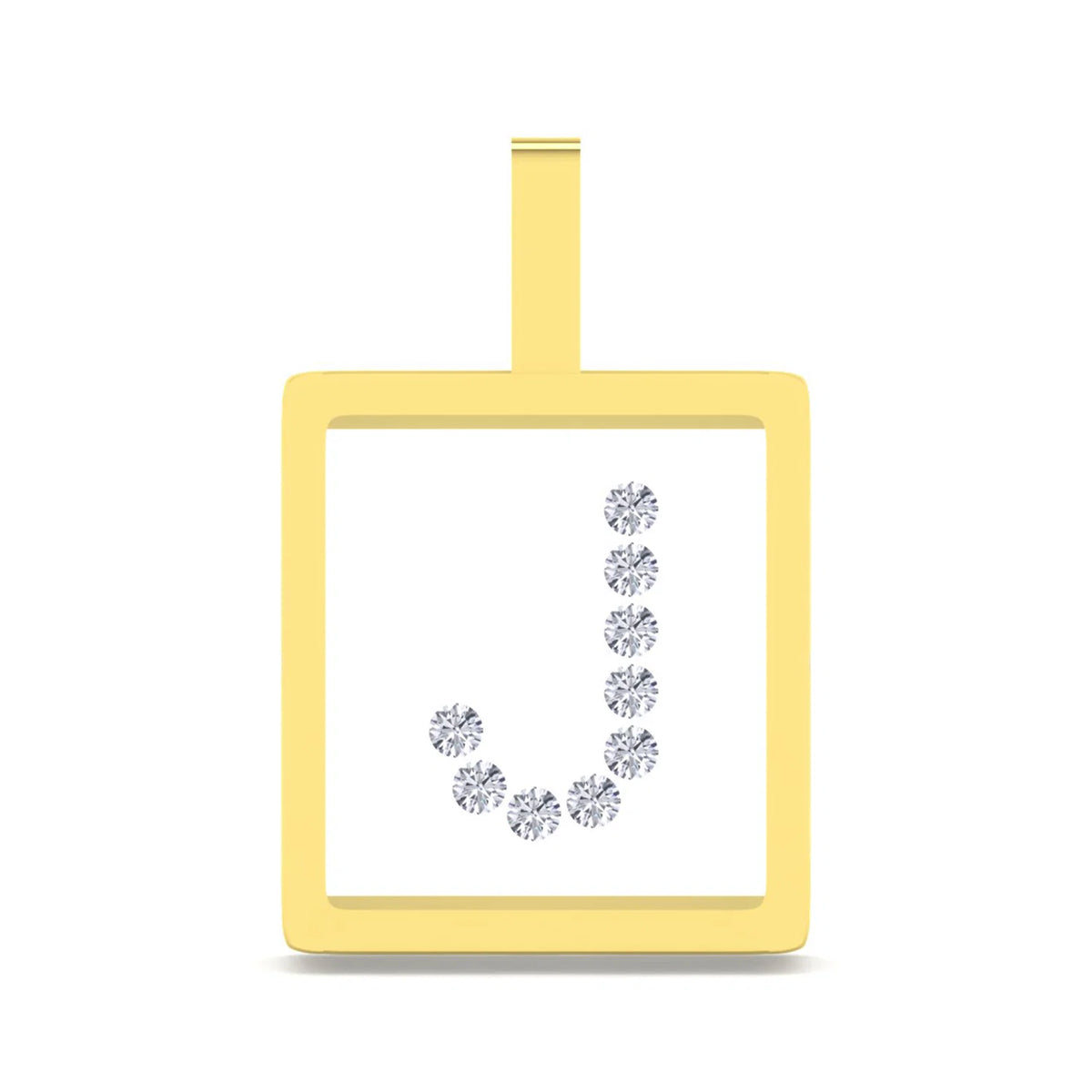 A square yellow gold pendant with a top loop, featuring a white center inlaid with a curved row of clear gemstones spelling the letter 'J'.