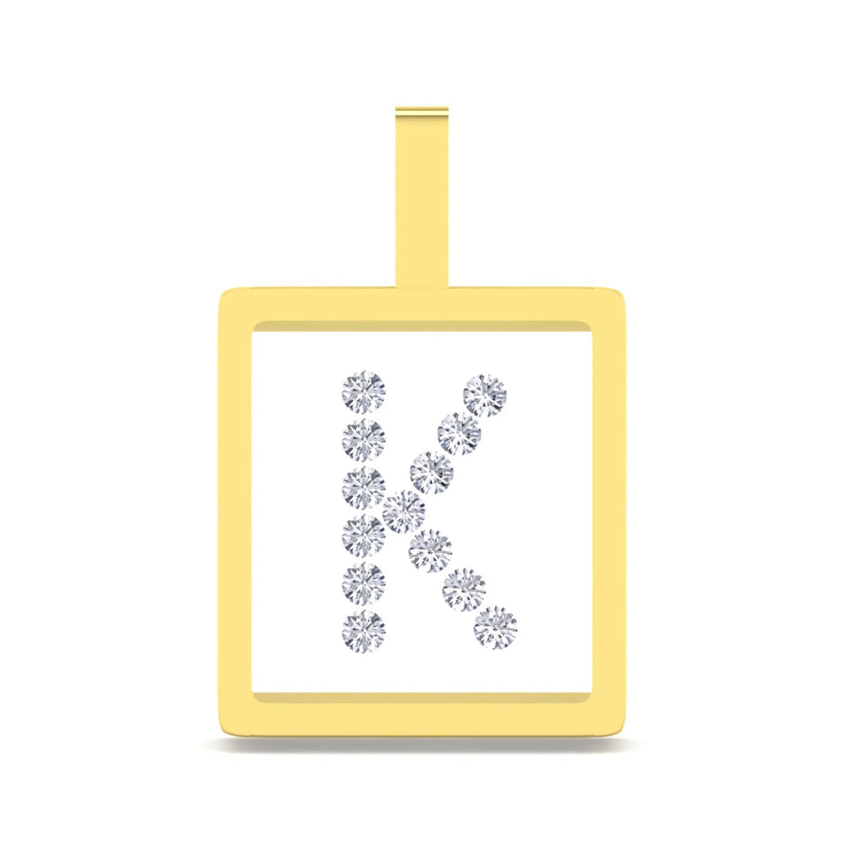 A square yellow gold pendant with a top loop, featuring a white center inlaid with a row of sparkling clear gemstones arranged to form the letter 'K'.