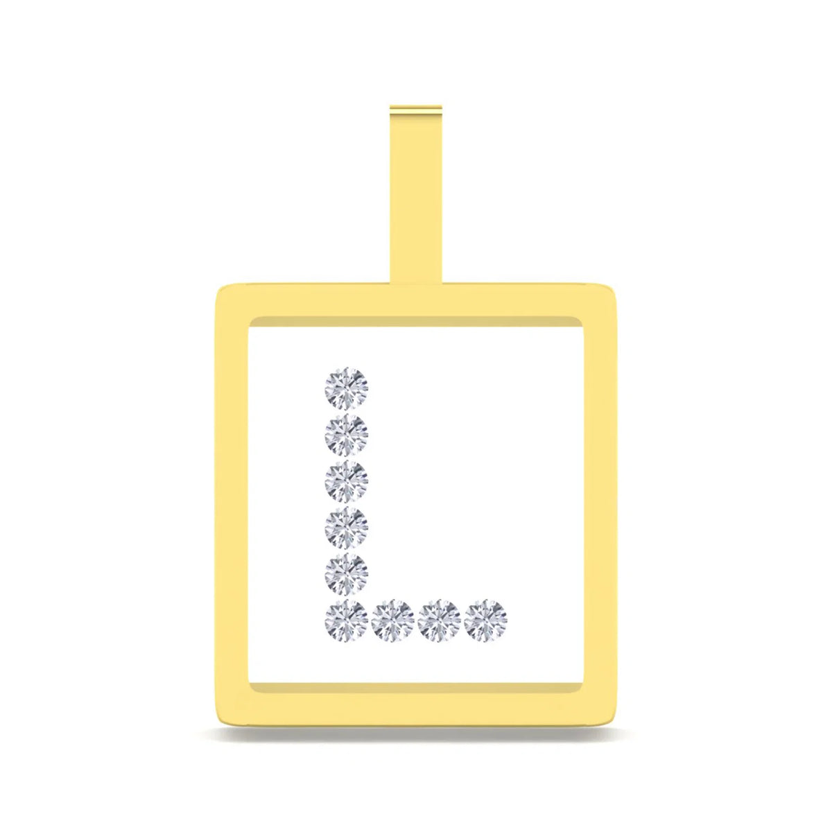 A yellow gold square pendant with a top loop, featuring the letter 'L' outlined by small clear gemstones on a white insert, shown against a plain white background.