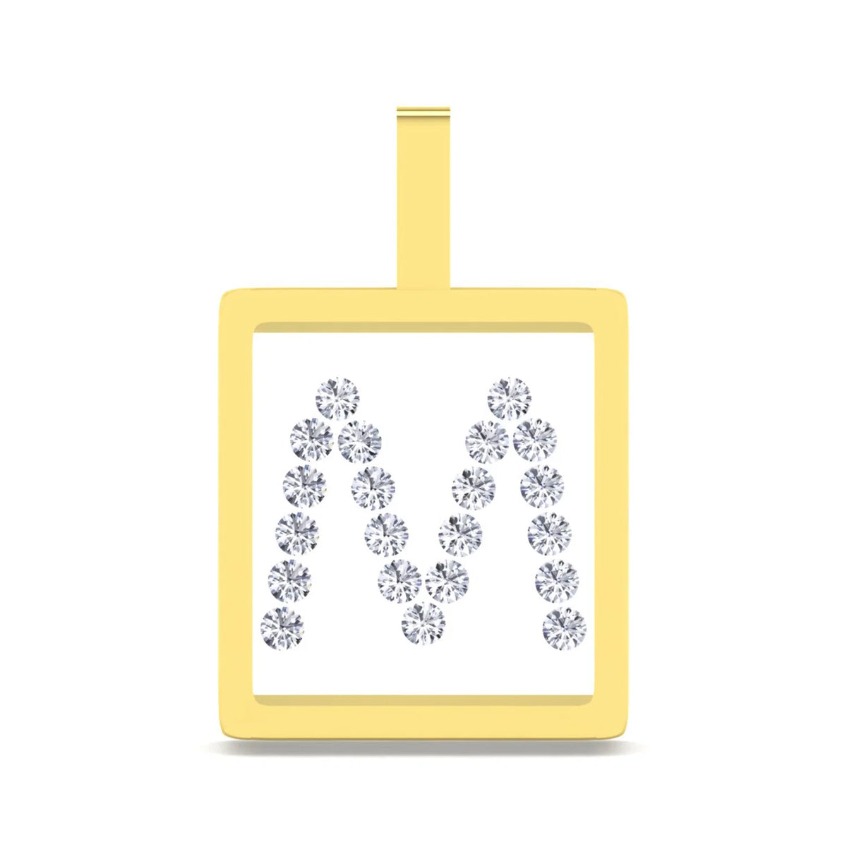 A square pendant with a yellow gold border and a top loop, featuring the letter 'M' formed by small clear gemstones on a white center panel, shown on a plain white background.